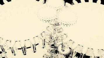 Fast rotating monochrome metallic gears or cogs, machinery background. Design. 3D spinning mechanism of a giant machine in black and white colors. video