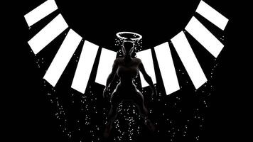 Abstract visualization of a fight game with a player ready for the combat. Design. Silhouette of a muscular fighter with a halo, a garland behind him, and flying sparkles. video