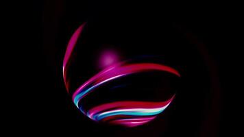 Abstract 3D sphere with fluorescent colors, seamless loop. Motion. Spinning beautiful ball with bending stripes isolated on a black background. video