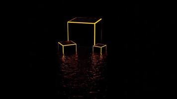 Abstract silhouettes of 3D small and big cubes isolated on a black background. Design. Neon frame of cubes standing on a liquid surface. video