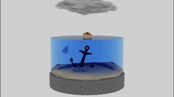 abstrakt Visualisierung von ein Mini Aquarium mit ein klein Schwarm von Fisch. Design. hell Wasser Reservoir mit klein Fische schwimmen um ein Anker. video