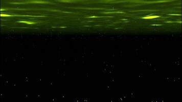 virou parte de cima baixa abstrato panorama com queda estrelas dentro a ondulando rio superfície. Projeto. meteórico chuveiro dentro verde água. video