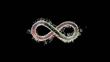 Infinity sign with the endless flowing energy isolated on a black background, seamless loop. Design. Abstract glowing infinity symbol with a cloud of particles, concept of fate. video