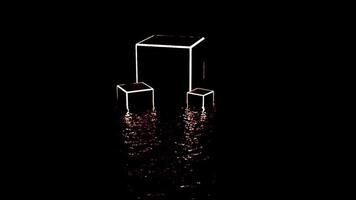 Abstract silhouettes of 3D small and big cubes isolated on a black background. Design. Neon frame of cubes standing on a liquid surface. video