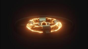 Bright glowing fire circular shapes inside black metal ring. Design. Rotating burning core surrounded by energy ring on a black background, seamless loop. video