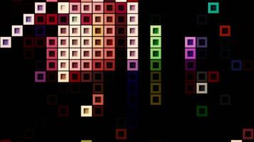 Abstract multicolored mosaic flashing loopable background. Motion. Randomly moving small silhouettes of same size squares on a black background. video