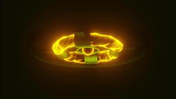 Bright glowing fire circular shapes inside black metal ring. Design. Rotating burning core surrounded by energy ring on a black background, seamless loop. video