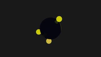 Motion of atom spheres isolated on a black background, concept of chemistry and biology. Design. Small balls rotating around bigger black sphere, seamless loop. video