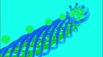 een tunnel of gang voor vliegend ballen op zoek Leuk vinden een buis van gedraaid vezels. ontwerp. kleurrijk abstractie met transformeren en in beweging figuur Aan een blauw achtergrond. video