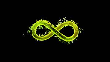 Infinity sign with the endless flowing energy isolated on a black background, seamless loop. Design. Abstract glowing infinity symbol with a cloud of particles, concept of fate. video