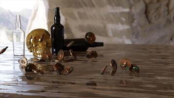 Close up of abstract bronze skull on a table with empty bottles of beer and falling coins. Design. Pirate style abstract background. video