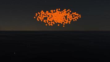 abstract oranje deeltjes bijeenkomst en verspreiden Aan een donker achtergrond. ontwerp. wolk van helder bollen met de reflectie. video