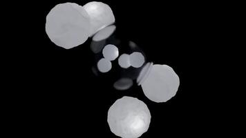 Balls rotate around transparent bubble. Design. Colored balls move around transparent sphere on black background. Balls move like satellites around transparent bubble video