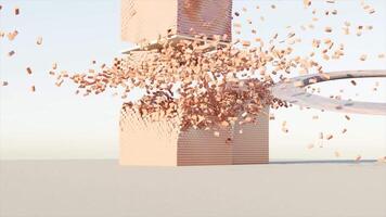 Abstract beige tower made from cubes is being ruined by small disk. Design. Geometric figure colorful abstraction falling apart into small pieces. video