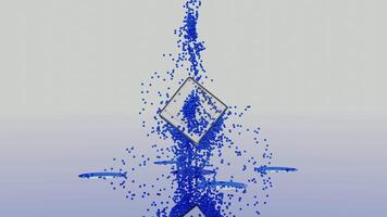 abstrakt transparent kub med blå silhuett spinning omgiven förbi små damm partiklar. design. geometrisk figur färgrik abstraktion. video