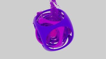 Abstract purple complex geometric figure with many layers inside spinning on a white background. Design. Particles flying away from cubic shaped object. video