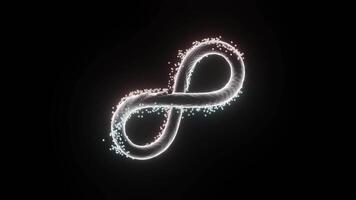 Colored infinity sign spinning isolated on black background, seamless loop. Design. A symbol of the endlessness spinning with the energy flow of tiny particles. video