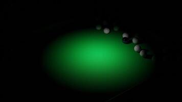 3D billiard animation. Design. Selective light over triangle of balls on billiard table. Breaking triangle of billiard balls video