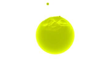 Drops fall into colored liquid ball. Design. 3D animation of falling drops penetrating into liquid structure of ball. Drops penetrate into ball leaving ripples on surface video