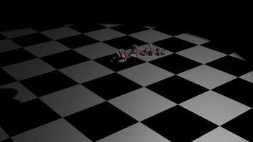 Animation of falling chess. Design. Chess pieces fall on game board and are destroyed. Chess crumbles on board on dark background video