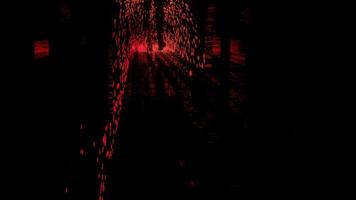 abstract achtergrond met een donker gang of tunnel met een Mens wandelen langzaam met vliegend schittert. ontwerp. donker silhouet van mannetje poten in beweging met vallend deeltjes. video