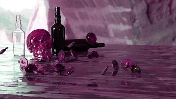 astratto di legno tavolo con vuoto bottiglie di Rum, umano cranio, e caduta manciata di monete. design. pirati tema, interno di un' bar o un' pub. video