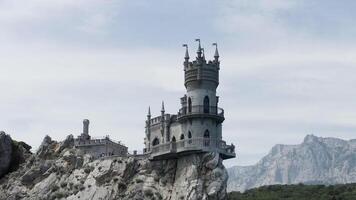 Norway, Stavanger, 08.01.2023 Aerial view of amazing Swallow's Nest at Gaspra in Crimea, Russia. Action. Fairytale castle built on the cliff top with green valley and blue sky on the background. video