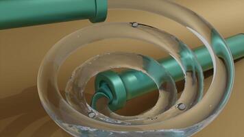 Water moves in spiral tube. Design. 3D animation of water moving up spiral tube into pipe. Water moves up transparent spiral tube on bright colored background video