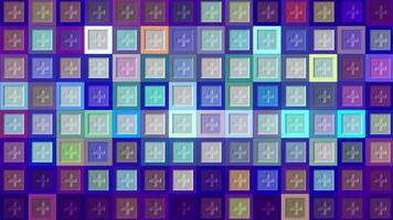 Mosaic background with flashing multicolored squares. Motion. Colorful flashing squares with patterns. Plus sign in bright flashing squares of different colors video