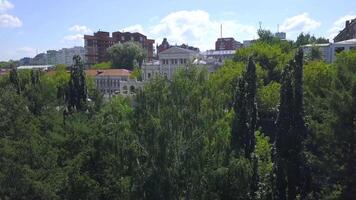 le vue de le drone .agrafe. grand vert des arbres derrière lequel le ville est suivant à le carré et le Autoroute avec voitures. video