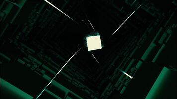 Flying up along the black walls of a corridor with emerald neon silhouettes of square and rectangular shaped figures. Design. Seamless loop motion inside the dark futuristic tunnel. video