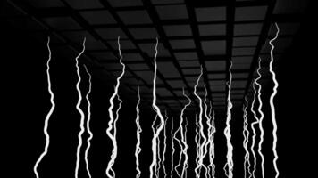 abstract wit hangende versmallen tentakels Aan een zwart achtergrond, naadloos lus. ontwerp. gebogen stengels van buitenaards wezen plant, monochroom. video