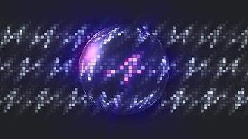 Abstract animated pixel background with a spinning purple glow disco ball. Motion. A sphere composed of cubes crystals with shinny streaks of light on energy zigzags background. video