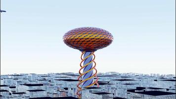 abstrait disposition de une moderne ville avec une énorme spirale en forme de gratte-ciel avec une brillant ovale toit. conception. futuriste architecture avec une avion en volant au dessus bâtiments. video