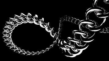 Twisting silver wide chain isolated on a black background, seamless loop. Design Monochrome abstract bended chain in slow motion. video