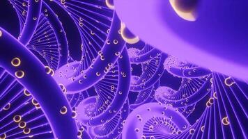 Abstract lilac spinning spiral shaped figures with random round pustules, seamless loop. Design. Purple rotating DNA spirals. video