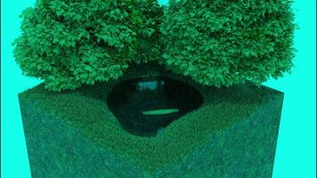 Abstract fragment of a city park on a small scale with a lush tree and a small pond. Design. Tiny water reservoir with a floating boat under the green bush. video