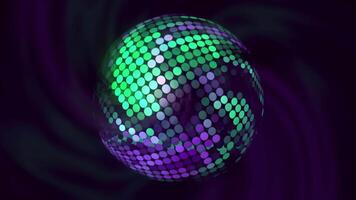 Disco ball rotates and shimmers with colors. Motion. Rotating 3d disco ball with multicolored flowers. Disco ball spins with hypnotic colors video