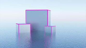 Virtual 3d decoration with cubes. Design. Stylish design of virtual scenery with cubes of different sizes and neon lines. Beautiful cubes with neon frames on isolated background video