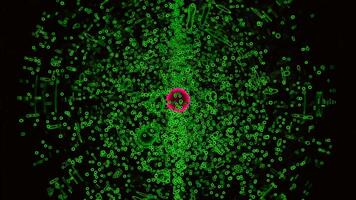 Colored circle with sphere of many moving particles. Design. Animation of chaotically fast moving particles around viral cell. Image of viral cell in form of colored circle and moving particles video