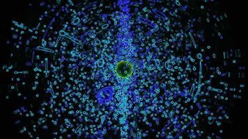 Colored circle with sphere of many moving particles. Design. Animation of chaotically fast moving particles around viral cell. Image of viral cell in form of colored circle and moving particles video