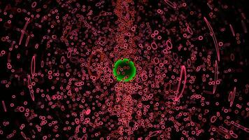 virus cell med rör på sig partiklar. design. abstrakt animering av virus cell från cirkel med rör på sig partiklar. sfär av snabbrörlig partiklar runt om cirkel på svart bakgrund video