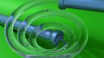 Water moves in spiral tube. Design. 3D animation of water moving up spiral tube into pipe. Water moves up transparent spiral tube on bright colored background video