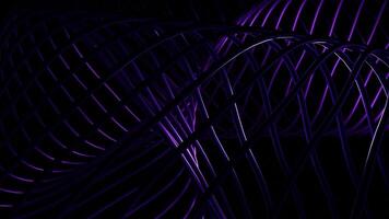 resumen púrpura espiral elementos creando un corredor efecto en un negro fondo, sin costura bucle. diseño. retorcido lila 3d rayas hilado sin cesar. video