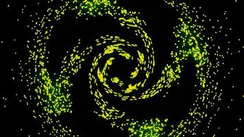Abstract spinning space objects with starry tails. Design. Colorful cosmic comets rotating on a black background with many particles. video