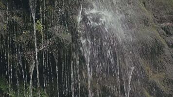View of a small waterfall from the mountain. Creativity. Small drops of water dripping down against the background of a little visible large trees and skylights from the sun video