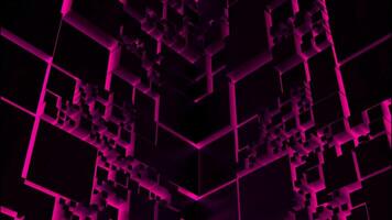 Flying up along the black wall of a corridor with pink neon silhouettes of square and rectangular shaped figures. Design. Seamless loop motion inside the dark futuristic tunnel. video