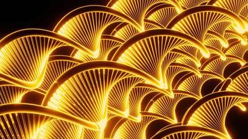 Close up of abstract plastic golden springs stretching isolated on a black background. Design. Spiral shaped long wavy figures moving all together. video