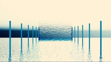 abstrato lindo lago com ondulações e dois linhas do azul pilares conduzindo para uma parede do água. Projeto. conceito do calma e paz, acenando rio e incomum vertical transparente líquido muro. video