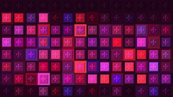 Mosaic varicolored abstract wall. Motion. Pink and purple rows of bright shimmering cubes with plus symbols, seamless loop. video